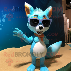 Cyan Fox mascot costume character dressed with a Bikini and Sunglasses