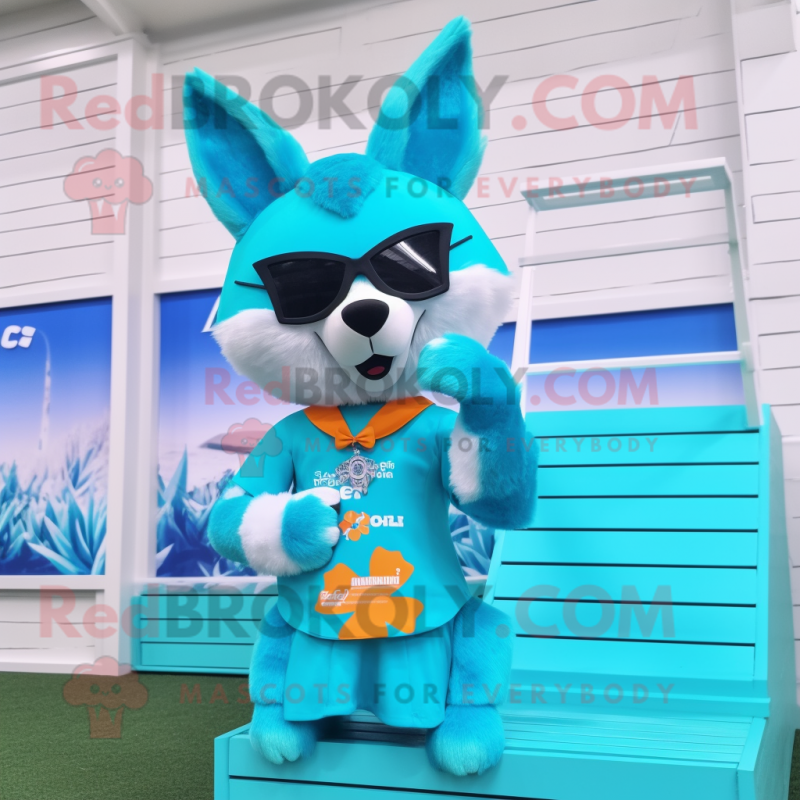 Cyan Fox mascot costume character dressed with a Bikini and Sunglasses