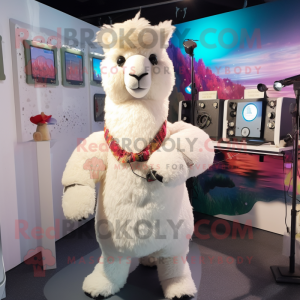 White Alpaca mascot costume character dressed with a Playsuit and Brooches