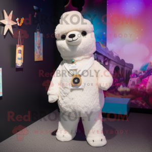 White Alpaca mascot costume character dressed with a Playsuit and Brooches