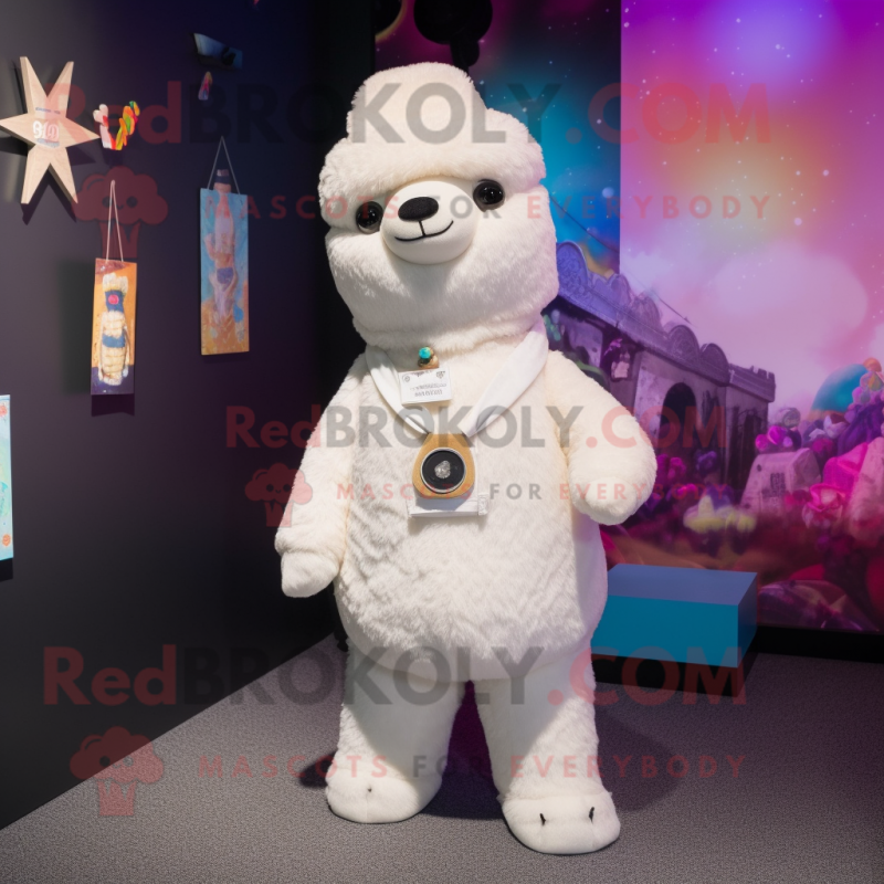 White Alpaca mascot costume character dressed with a Playsuit and Brooches