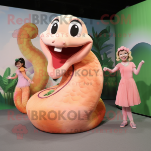 Peach Titanoboa mascot costume character dressed with a Dress and Keychains