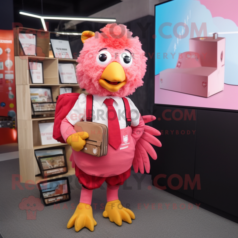 Pink Fried Chicken mascot costume character dressed with a Oxford Shirt and Backpacks