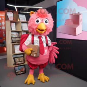Pink Fried Chicken mascot costume character dressed with a Oxford Shirt and Backpacks