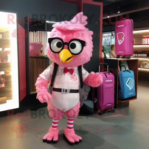 Pink Fried Chicken mascot costume character dressed with a Oxford Shirt and Backpacks
