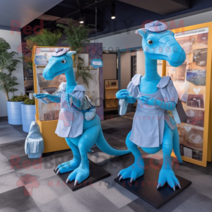 Sky Blue Parasaurolophus mascot costume character dressed with a Dress and Messenger bags