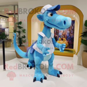 Sky Blue Parasaurolophus mascot costume character dressed with a Dress and Messenger bags
