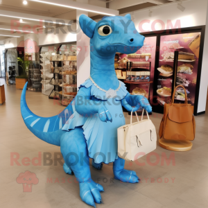 Sky Blue Parasaurolophus mascot costume character dressed with a Dress and Messenger bags