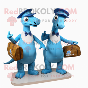 Sky Blue Parasaurolophus mascot costume character dressed with a Dress and Messenger bags