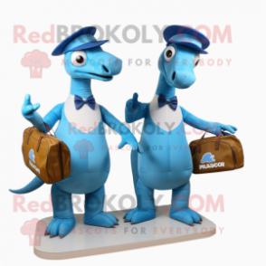 Sky Blue Parasaurolophus mascot costume character dressed with a Dress and Messenger bags