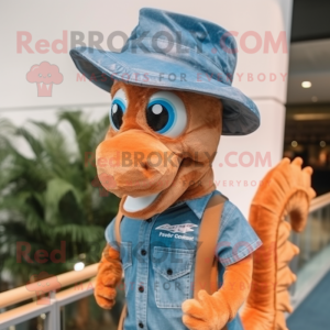 Rust Seahorse mascot costume character dressed with a Denim Shirt and Hats