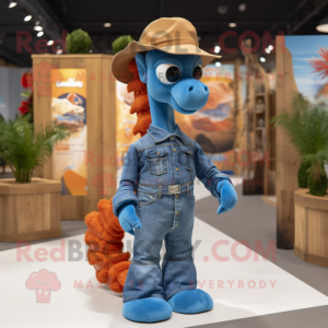 Rust Seahorse mascot costume character dressed with a Denim Shirt and Hats