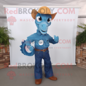 Rust Seahorse mascot costume character dressed with a Denim Shirt and Hats