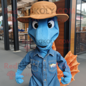 Rust Seahorse mascot costume character dressed with a Denim Shirt and Hats