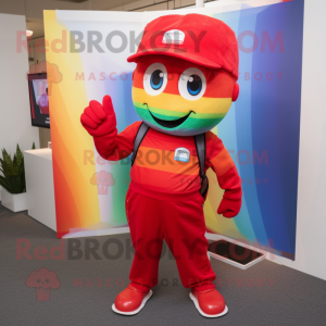 Red Rainbow mascot costume character dressed with a Joggers and Caps