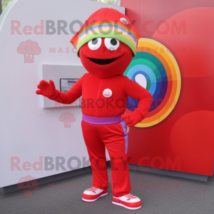 Red Rainbow mascot costume character dressed with a Joggers and Caps