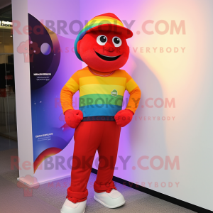 Red Rainbow mascot costume character dressed with a Joggers and Caps