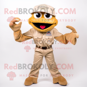 Tan Crab Cakes mascot costume character dressed with a Corduroy Pants and Hat pins