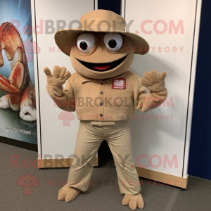 Tan Crab Cakes mascot costume character dressed with a Corduroy Pants and Hat pins