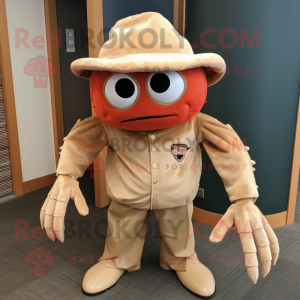 Tan Crab Cakes mascot costume character dressed with a Corduroy Pants and Hat pins