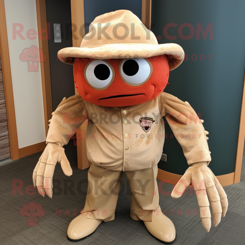 Tan Crab Cakes mascot costume character dressed with a Corduroy Pants and Hat pins Tan Crab Cakes mascot costume character dressed with a Corduroy Pants and Hat pins