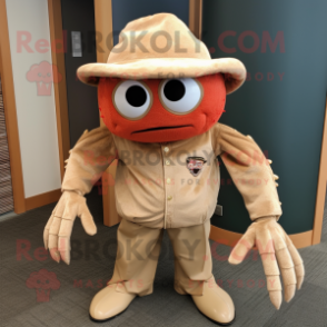 Tan Crab Cakes mascot costume character dressed with a Corduroy Pants and Hat pins