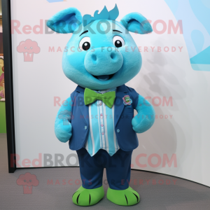 Cyan Pig mascot costume character dressed with a Cardigan and Bow ties