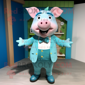 Cyan Pig mascot costume character dressed with a Cardigan and Bow ties