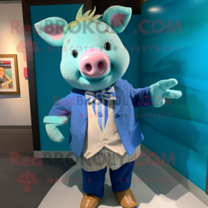 Cyan Pig mascot costume character dressed with a Cardigan and Bow ties
