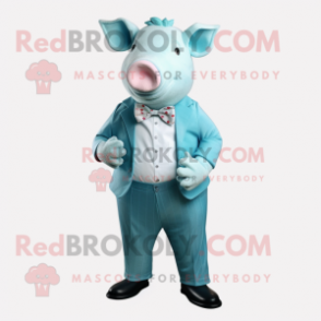 Cyan Pig mascot costume character dressed with a Cardigan and Bow ties