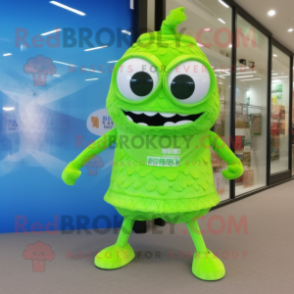 Lime Green Fried Rice mascot costume character dressed with a One-Piece Swimsuit and Shoe laces