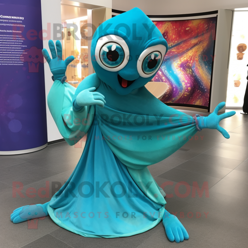 Turquoise Contortionist mascot costume character dressed with a Jeggings and Shawls