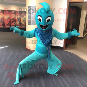 Turquoise Contortionist mascot costume character dressed with a Jeggings and Shawls