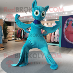 Turquoise Contortionist mascot costume character dressed with a Jeggings and Shawls