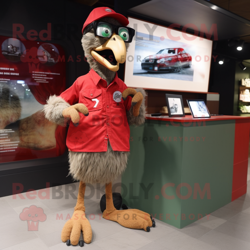 Red Ostrich mascot costume character dressed with a Cargo Shorts and Eyeglasses Red Ostrich mascot costume character dressed with a Cargo Shorts and Eyeglasses