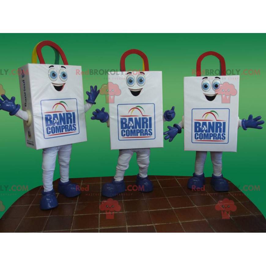 3 mascotes de sacos de papel brancos e sorridentes -