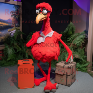 Red Ostrich mascot costume character dressed with a Cargo Shorts and Eyeglasses