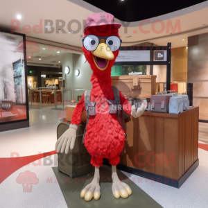 Red Ostrich mascot costume character dressed with a Cargo Shorts and Eyeglasses