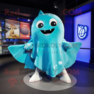 Cyan Stingray mascot costume character dressed with a Henley Tee and Rings