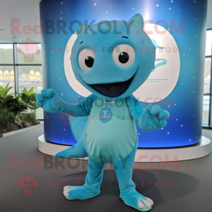 Cyan Stingray mascot costume character dressed with a Henley Tee and Rings