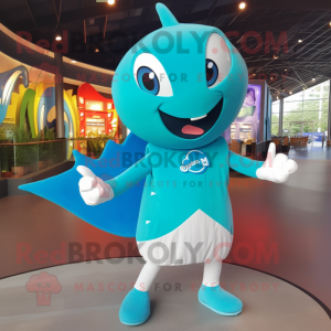 Cyan Stingray mascot costume character dressed with a Henley Tee and Rings