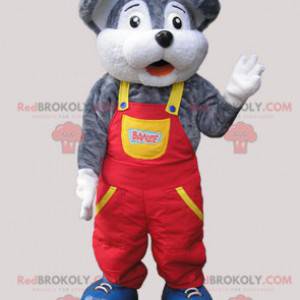 Grijze en witte muis mascotte gekleed in overall -