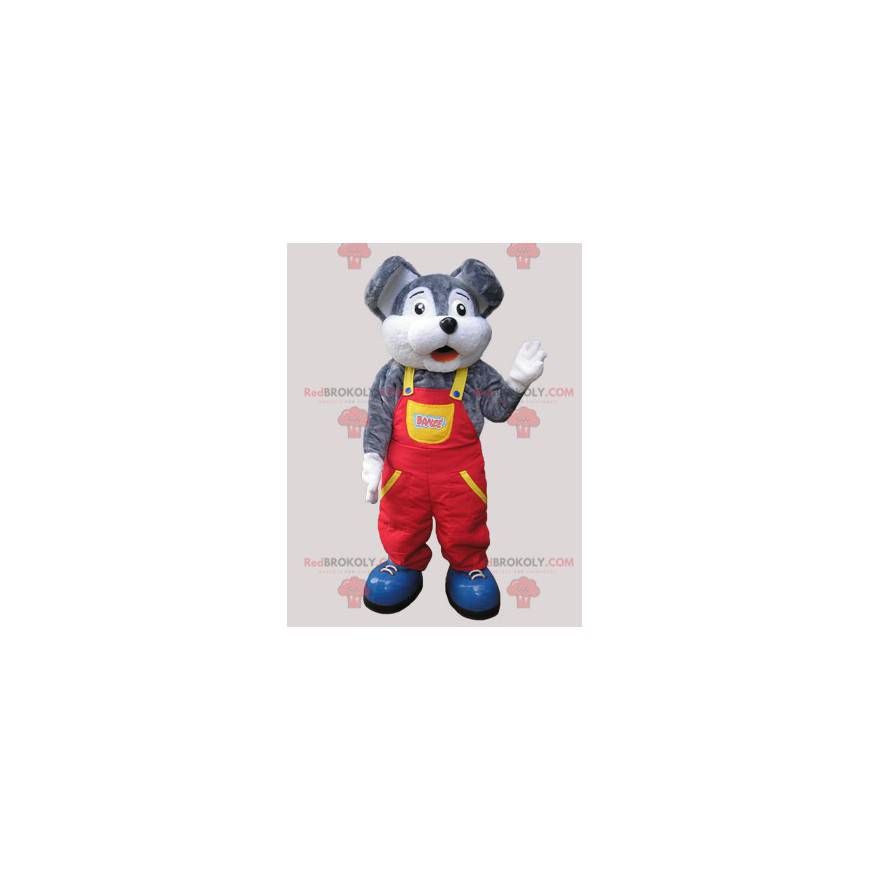 Gray and white mouse mascot dressed in overalls - Redbrokoly.com