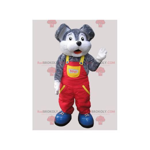 Gray and white mouse mascot dressed in overalls - Redbrokoly.com