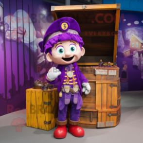 Purple Treasure Chest mascot costume character dressed with a Dungarees and Beanies