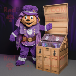Purple Treasure Chest mascot costume character dressed with a Dungarees and Beanies