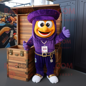 Purple Treasure Chest mascot costume character dressed with a Dungarees and Beanies