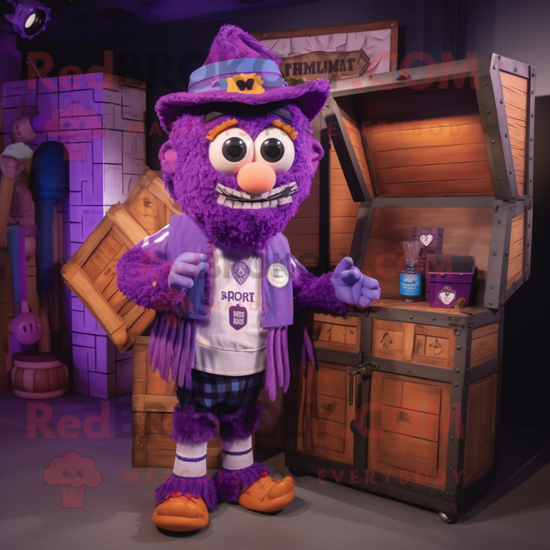 Purple Treasure Chest mascot costume character dressed with a Dungarees and Beanies Purple Treasure Chest mascot costume character dressed with a Dungarees and Beanies