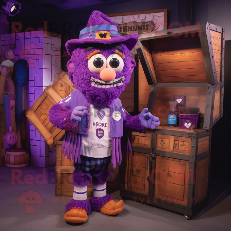 Purple Treasure Chest mascot costume character dressed with a Dungarees and Beanies