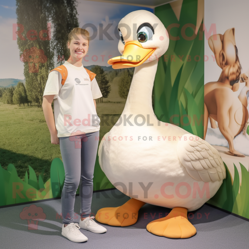 Beige Swan mascot costume character dressed with a Henley Tee and Foot pads